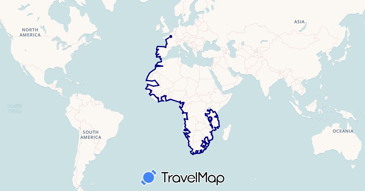 TravelMap itinerary: driving in Angola, Benin, Democratic Republic of the Congo, Republic of the Congo, Côte d'Ivoire, Cameroon, Spain, France, Gabon, Ghana, Gibraltar, Guinea, Lesotho, Morocco, Mauritania, Malawi, Mozambique, Namibia, Portugal, Senegal, Togo, Tanzania, South Africa (Africa, Europe)
